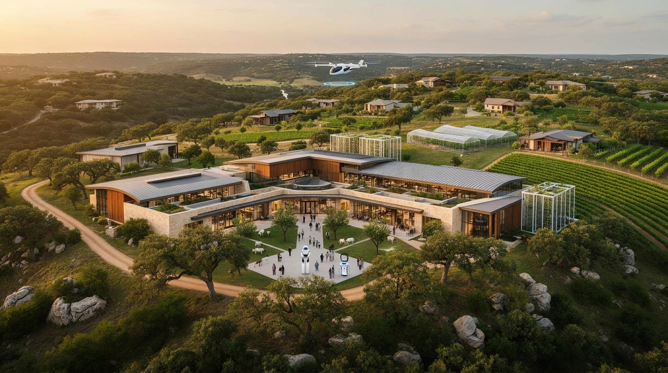Pre-dawn light over open land envisioned for The Farm campus