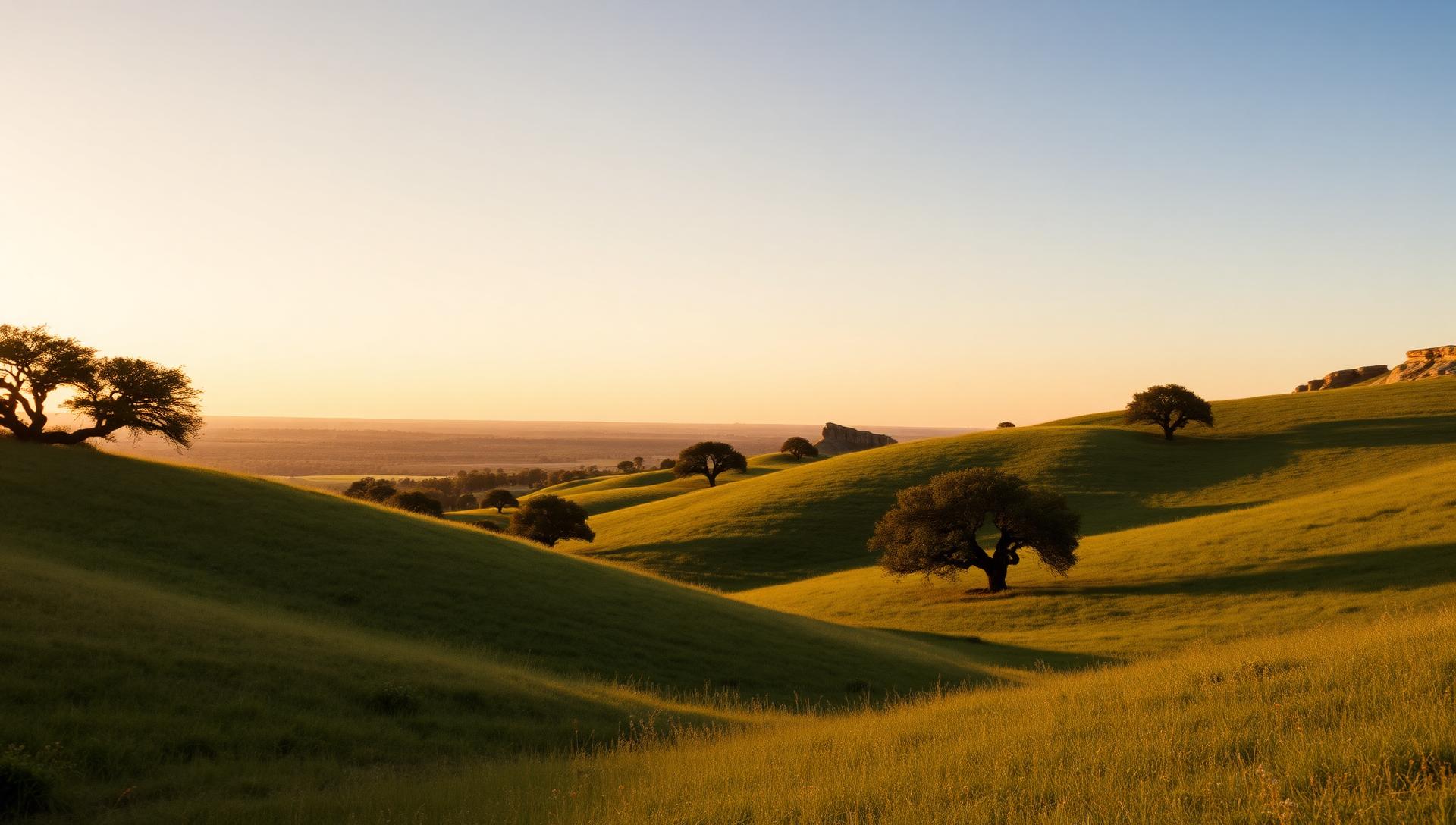 Rolling hills of the Texas Hill Country outside Austin at golden hour